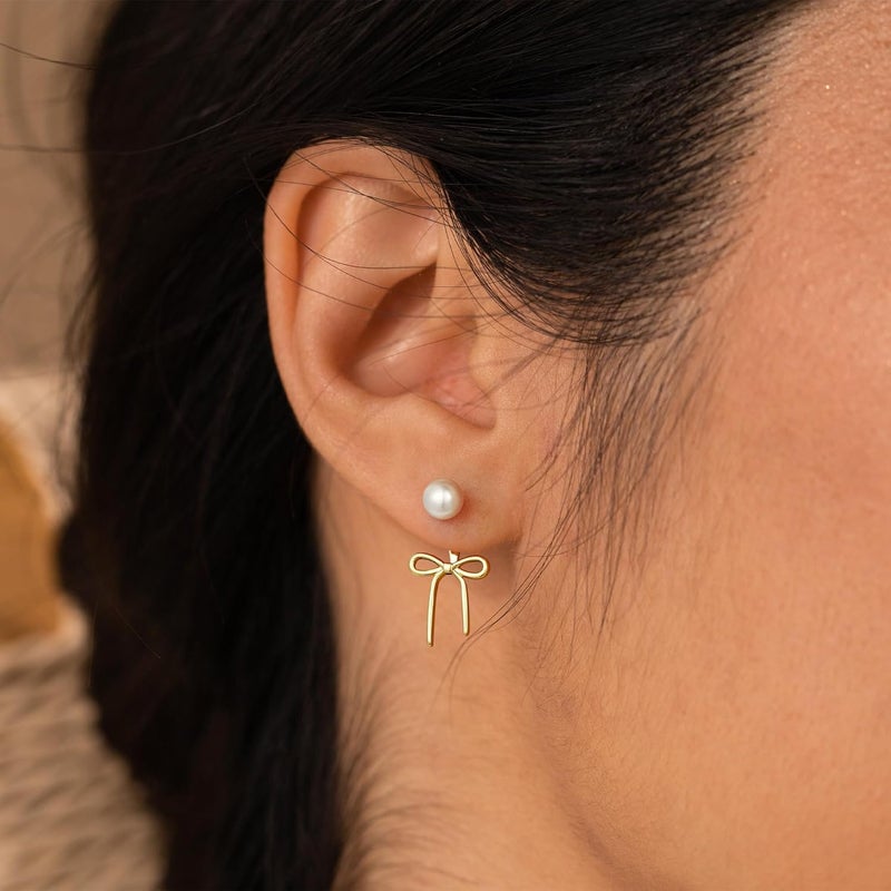 JIAOGE Christmas Gifts for Women Teen Girls Kids - Gold Bow Earrings for Women Jewelry Huggie Hoop Stud Earrings Hypoallergenic CZ Pearl Drop Bow Earring Gifts for Girls Wedding Birthday Gifts - Image 3